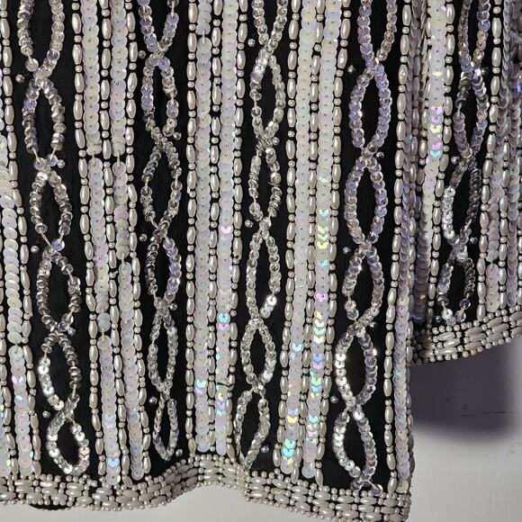 VTG Carina Silk Sequin Beaded Blazer Sz Lg Silver Black Holiday Evening Jacket - Picture 6 of 8